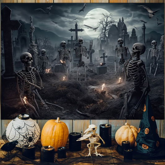 1pc Spooky Cemetery Backdrop - Polyester, Full Moon Night Skeleton Man Pattern, Reusable Photography Prop, Spooky Home Wall Decoration, Halloween Night Party Supplies, Studio Photo Booth Accessory