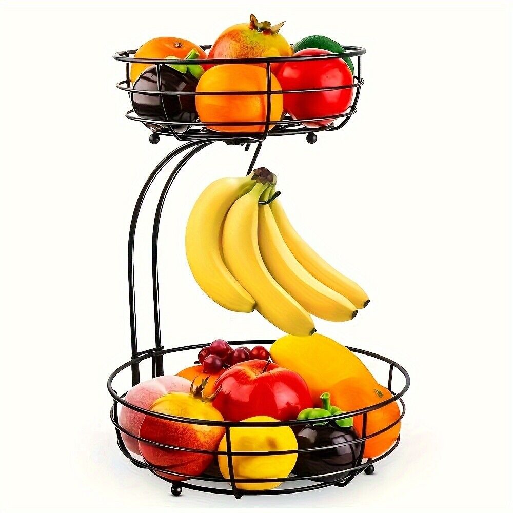 2 - Tier Fruit Basket Bowl With Banana Hangers For Kitchen Counter, Fruits Stand - Sunleafy